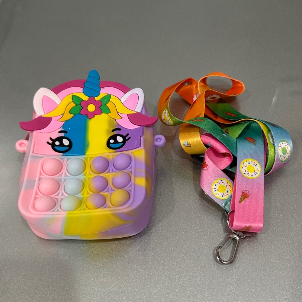 Unicorn Pop It Fidget cross body bag with Lanyard stripe